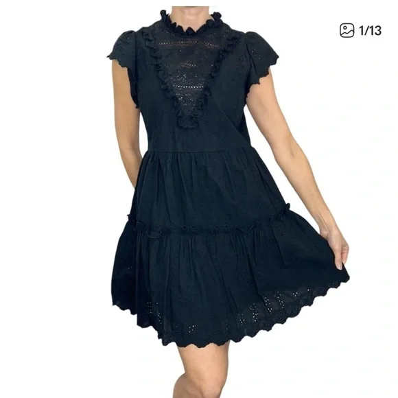 House of Harlow 1960 Black Lace Yoke Tiered Mini Dress - Picture 3 of 4